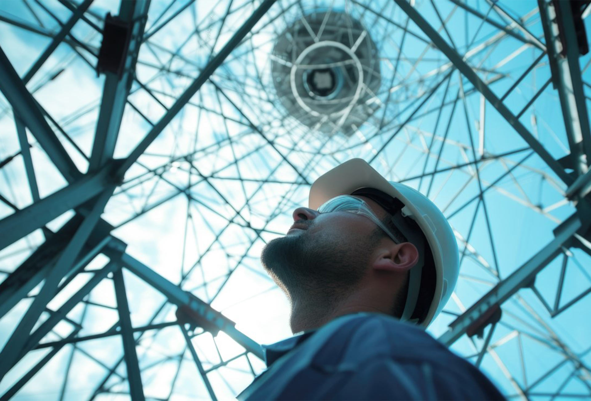 Man looking up at utility structure